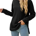 Women Long Sleeve Round Neck Irregular Split Hem Solid Tops