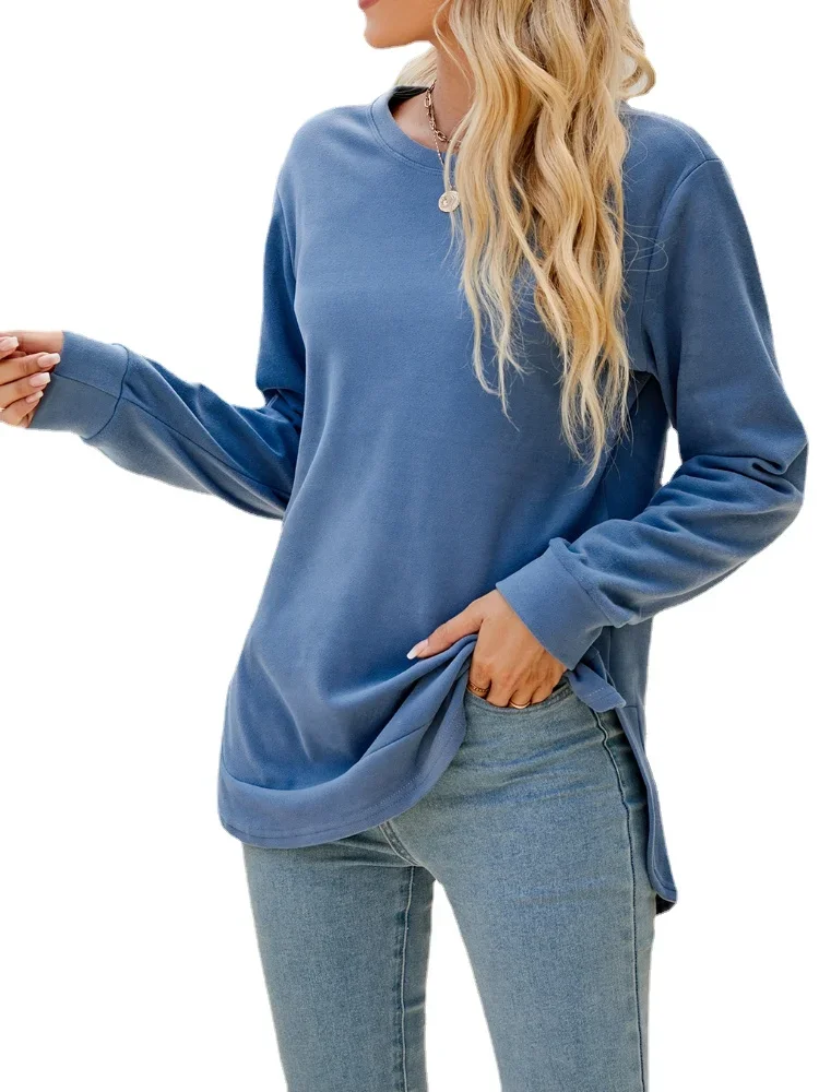 Women-Long-Sleeve-Round-Neck-Irregular-Split-Hem-Solid-T-shirt-Tops-2