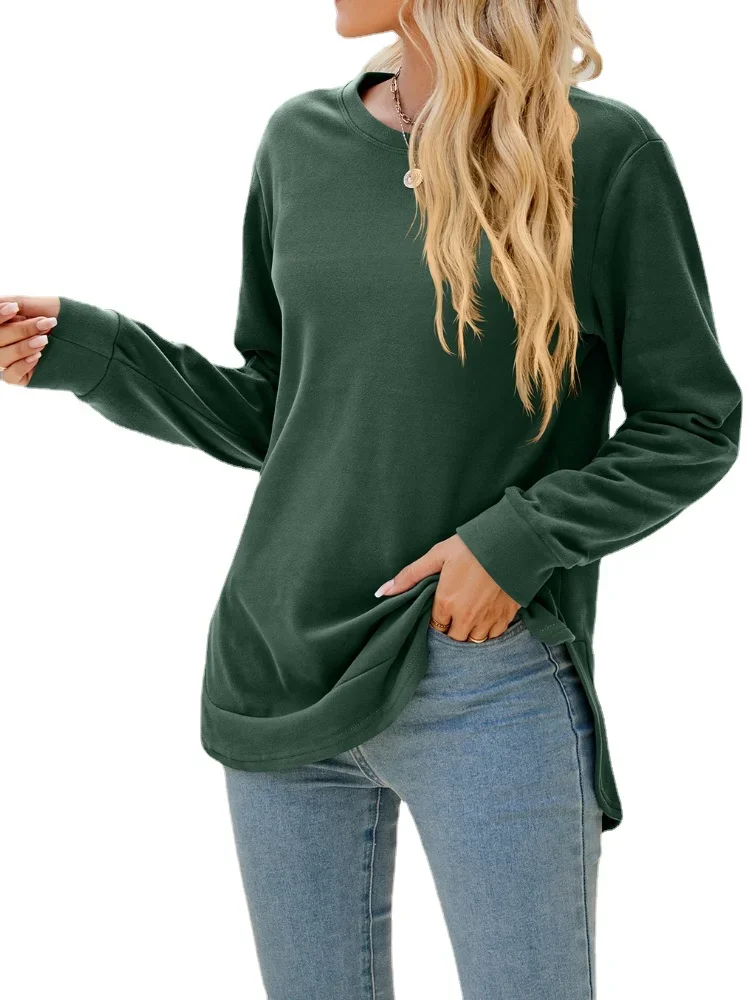 Women-Long-Sleeve-Round-Neck-Irregular-Split-Hem-Solid-T-shirt-Tops-3