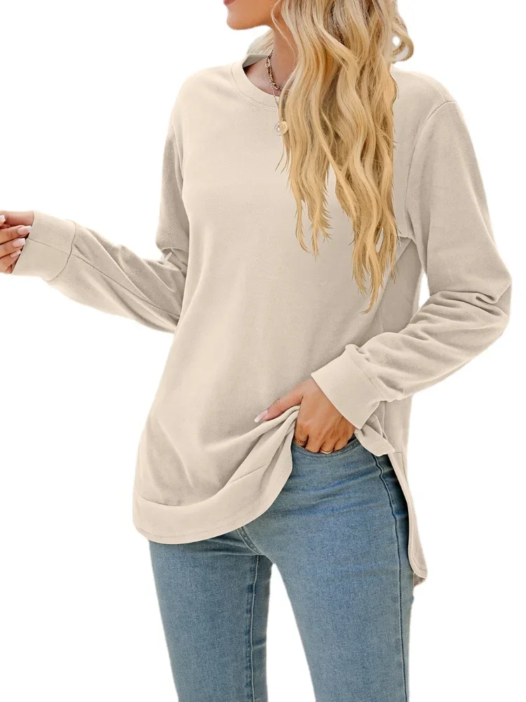 Women-Long-Sleeve-Round-Neck-Irregular-Split-Hem-Solid-T-shirt-Tops-4