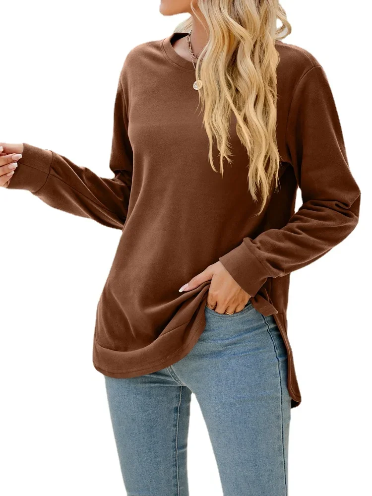 Women-Long-Sleeve-Round-Neck-Irregular-Split-Hem-Solid-T-shirt-Tops-5
