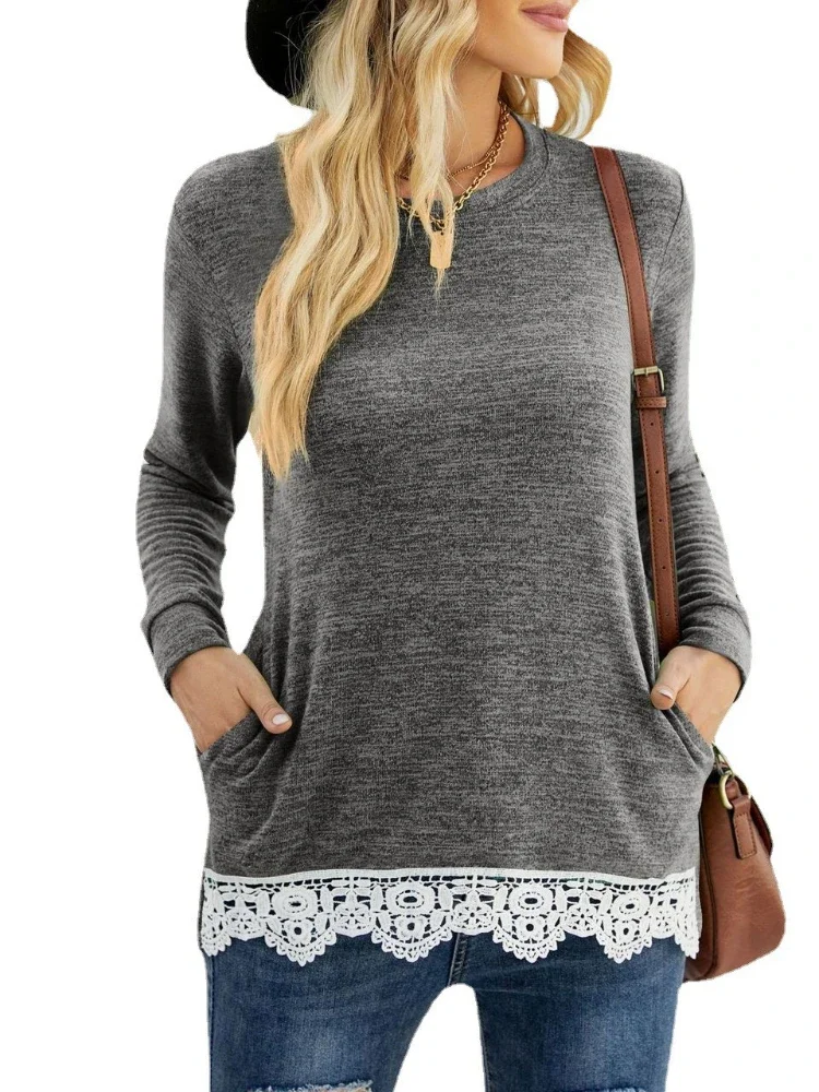 Women-Long-Sleeve-Solid-Lace-Patch-Lightweight-Pockets-Sweatshirt-2