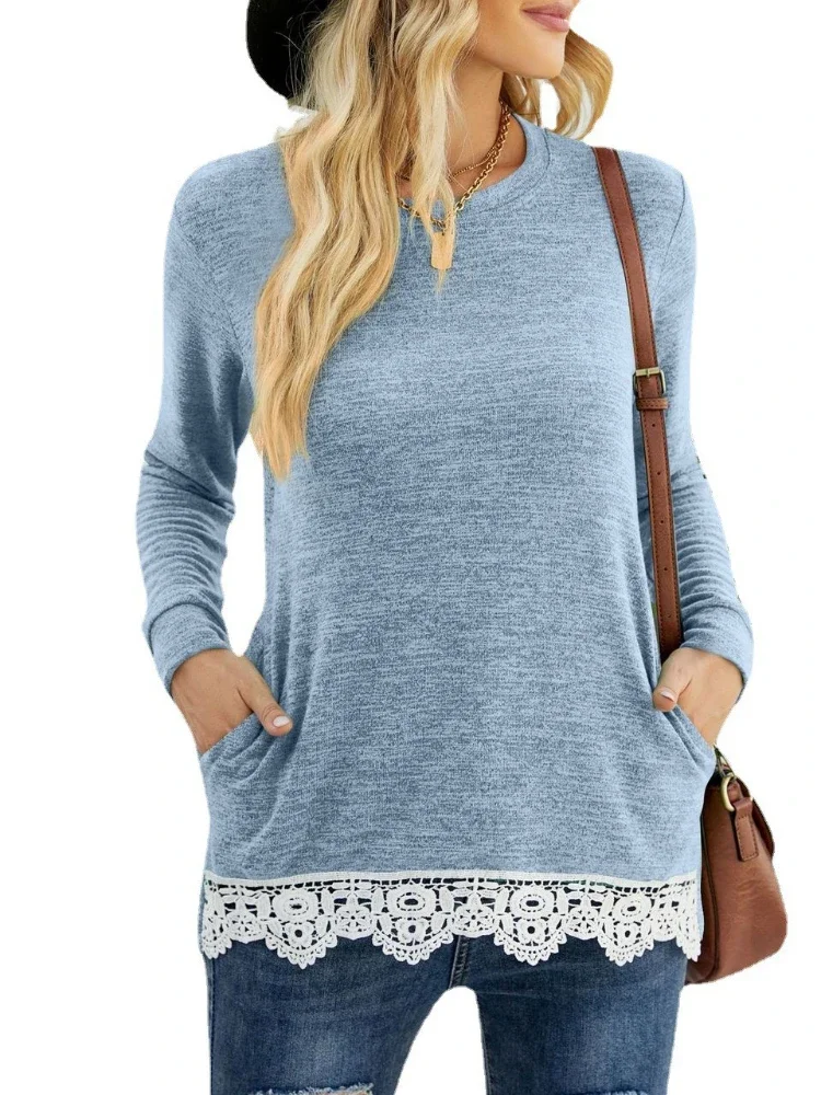 Women-Long-Sleeve-Solid-Lace-Patch-Lightweight-Pockets-Sweatshirt-3