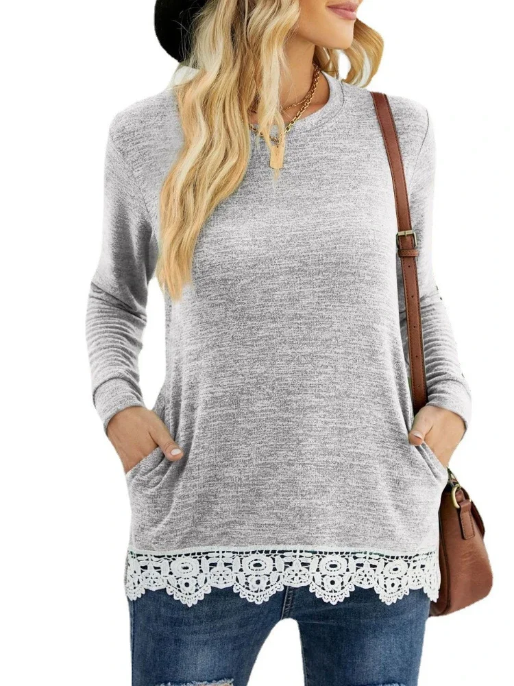 Women-Long-Sleeve-Solid-Lace-Patch-Lightweight-Pockets-Sweatshirt-4