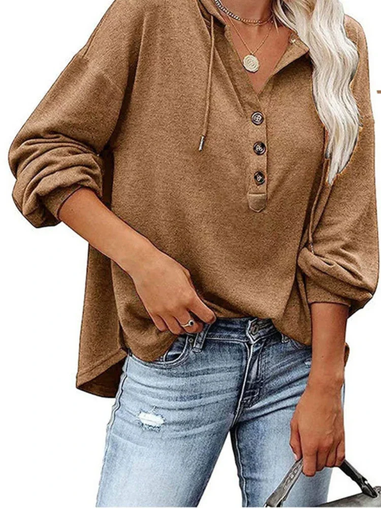 Women-Long-Sleeve-Solid-Longline-Hoodie-Sweatershirt-with-Drawcord-Button-Down-5