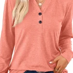 Women Long Sleeve V-Neck Button Solid Loose T-shirt Tops