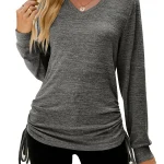 Women Long Sleeve V-neck Pleated Lightweight Sweatshirt T-shirt Tops
