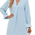 Women Long Sleeve V-neck Solid Pleated Loose Short Dress