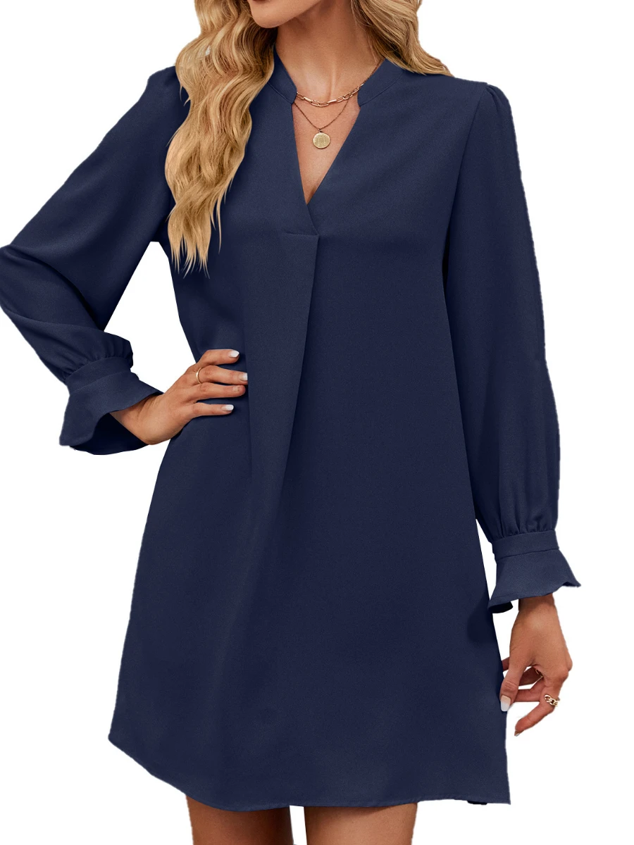 Women-Long-Sleeve-V-neck-Solid-Pleated-Loose-Short-Dress-2