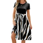Women Printed Short Sleeve Swing Medium Pleated Tie Up