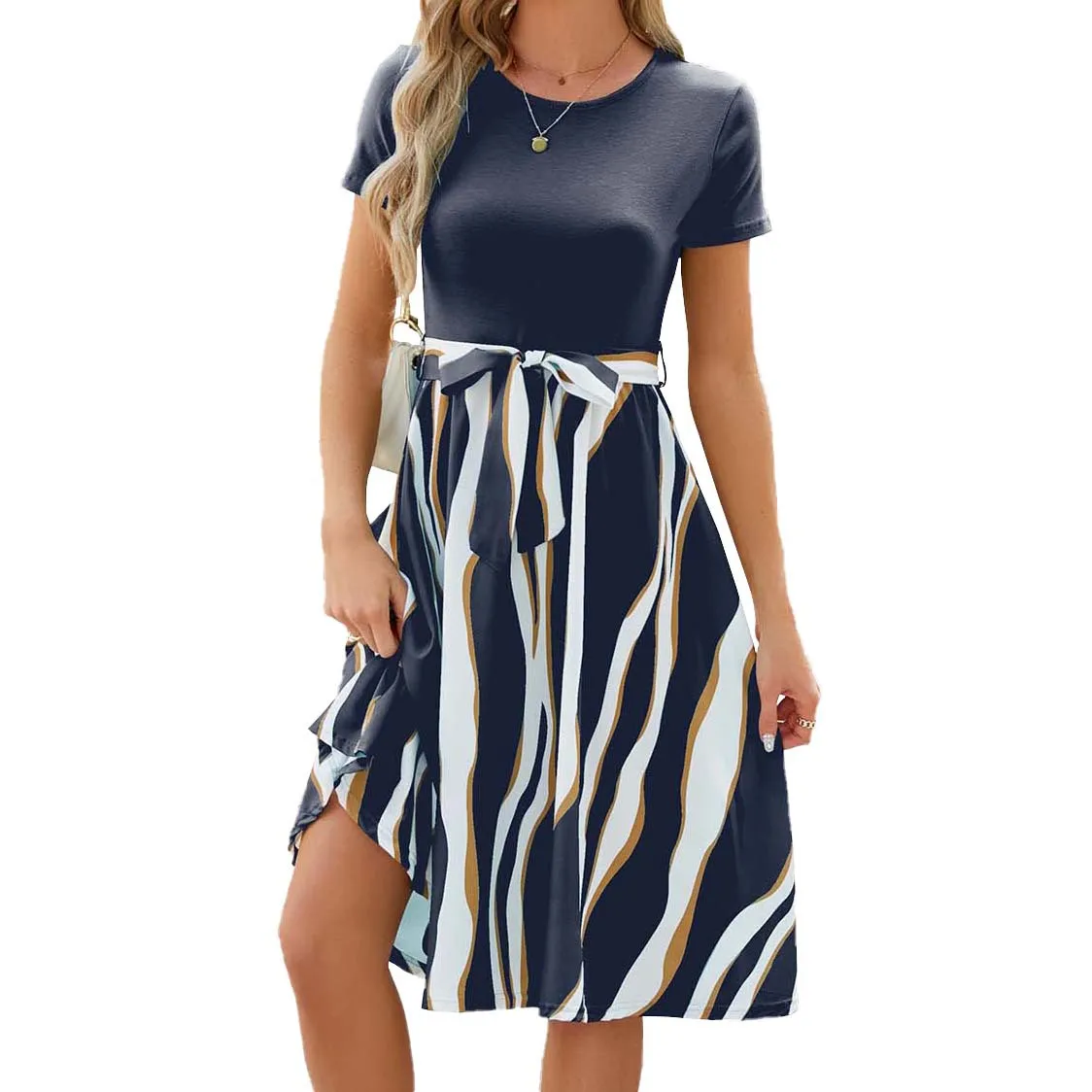 Women-Printed-Short-Sleeve-Swing-Medium-Pleated-Tie-Up-Dresses-Round-Neck-2