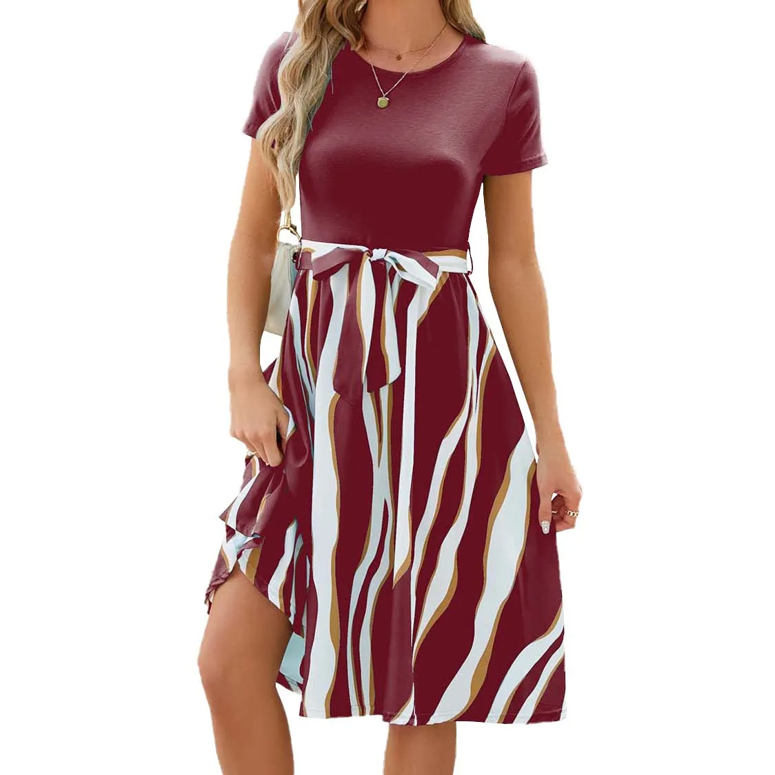Women-Printed-Short-Sleeve-Swing-Medium-Pleated-Tie-Up-Dresses-Round-Neck-3