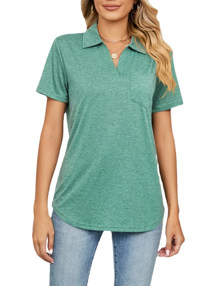Women-Short-Sleeve-Lapel-Neck-Solid-T-Shirt-Tops-2