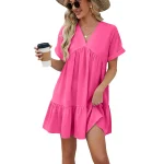 V Neck Women Short Sleeve Medium Pleated Dress