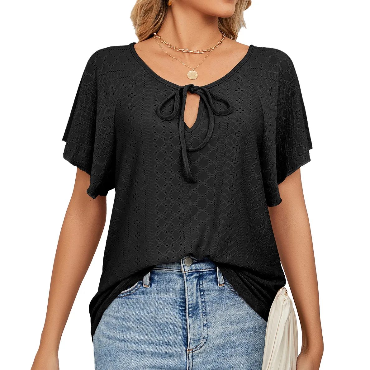 Women-Short-Sleeve-Solid-Round-Neck-Lace-Up-T-Shirt-Tops-2