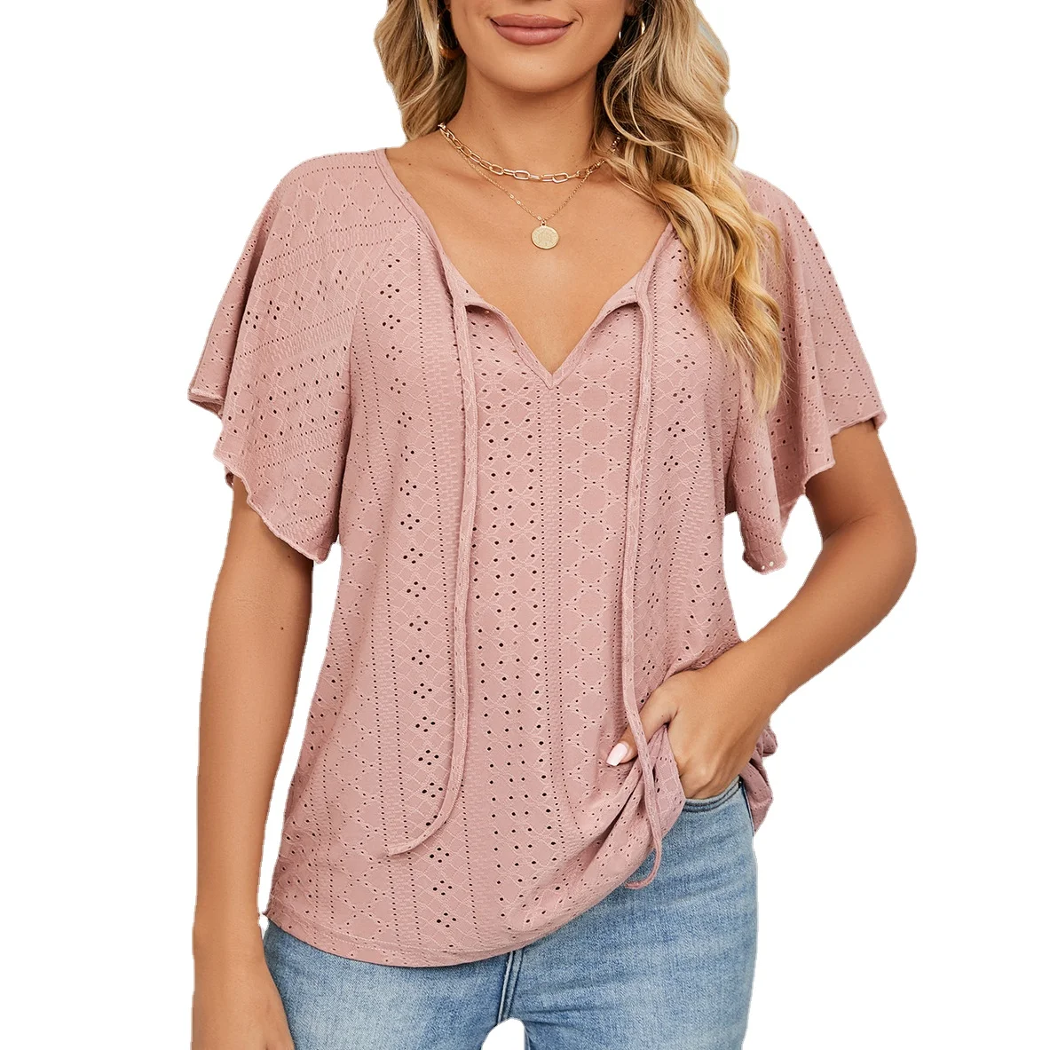 Women-Short-Sleeve-Solid-Round-Neck-Lace-Up-T-Shirt-Tops-4