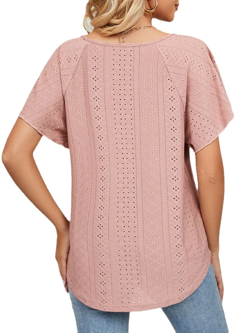Women-Short-Sleeve-Solid-Round-Neck-Lace-Up-T-Shirt-Tops-5