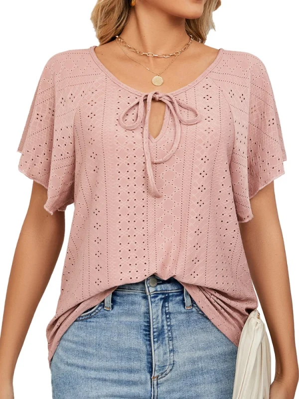 Women-Short-Sleeve-Solid-Round-Neck-Lace-Up-T-Shirt-Tops