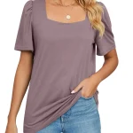 Women Short Sleeve Solid Square Neck T Shirt Tops