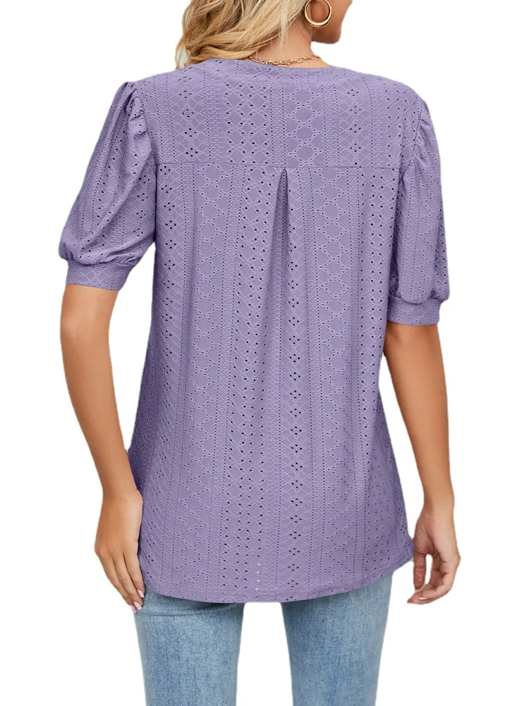 Women-Short-Sleeve-Solid-V-Neck-Hollow-Out-T-Shirt-Tops-1