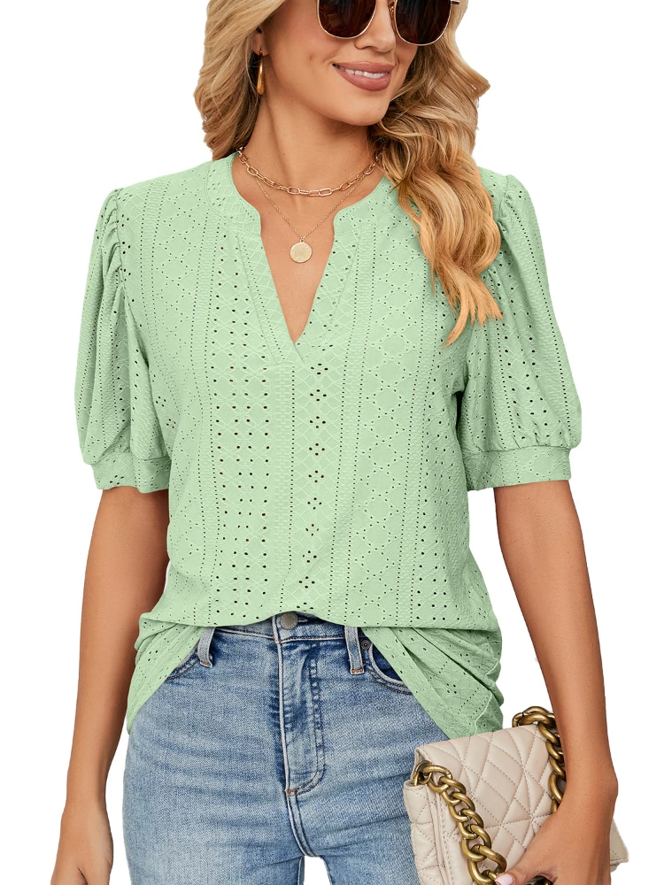 Women-Short-Sleeve-Solid-V-Neck-Hollow-Out-T-Shirt-Tops-2