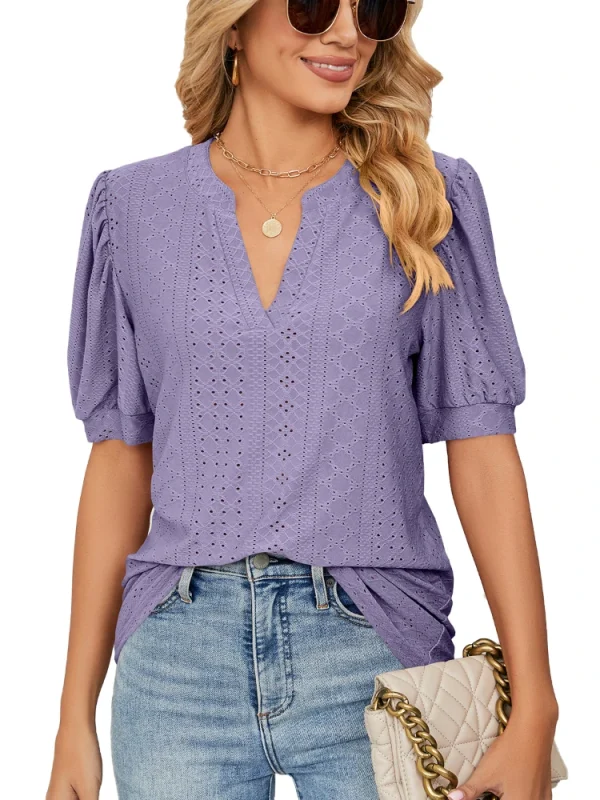 Women-Short-Sleeve-Solid-V-Neck-Hollow-Out-T-Shirt-Tops