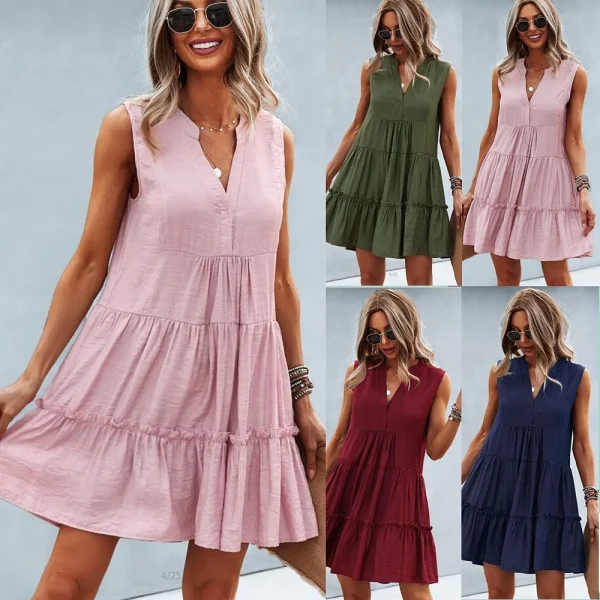 Women-Sleeveless-Loose-Causel-Medium-Dress-for-Summer-V-Neck-Pleated