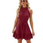 Women Sleeveless Crew Neck Lace Up Pleated Medium Dress