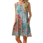 Women Summer Floral Print Medium Casual Beach Cover Up Plain Pleated Tank Dress