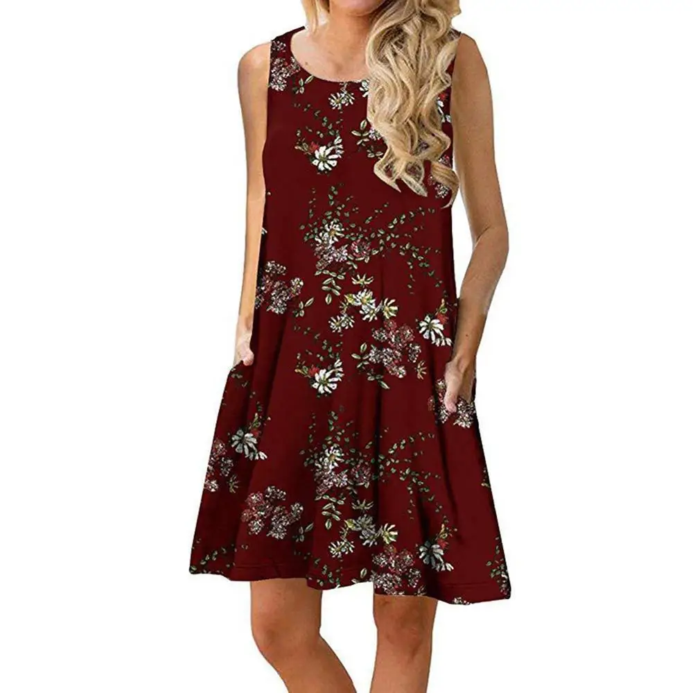 Women-Summer-Floral-Print-Medium-Casual-Beach-Cover-Up-Plain-Pleated-Tank-Dress-4