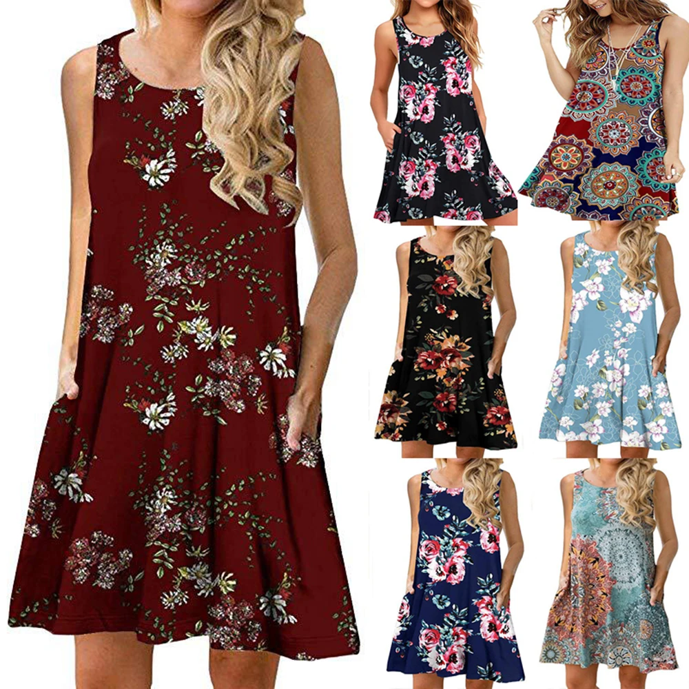 Women-Summer-Floral-Print-Medium-Casual-Beach-Cover-Up-Plain-Pleated-Tank-Dress-5