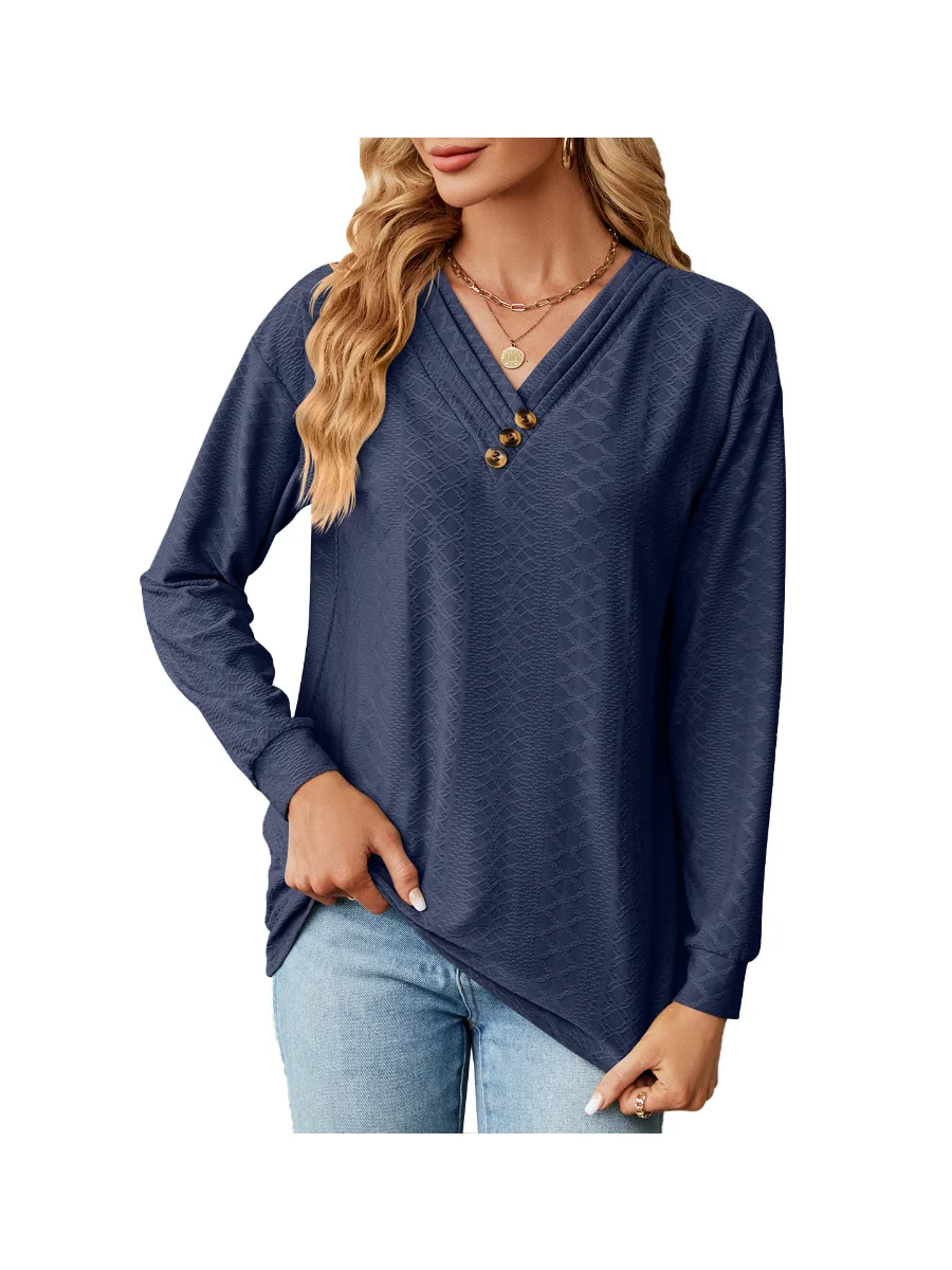 Womens-Long-Sleeve-V-neck-Button-Solid-Loose-T-shirt-Tops-10