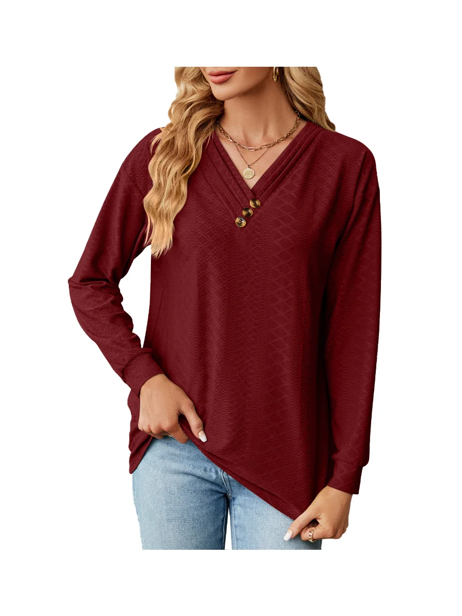 Womens-Long-Sleeve-V-neck-Button-Solid-Loose-T-shirt-Tops-11