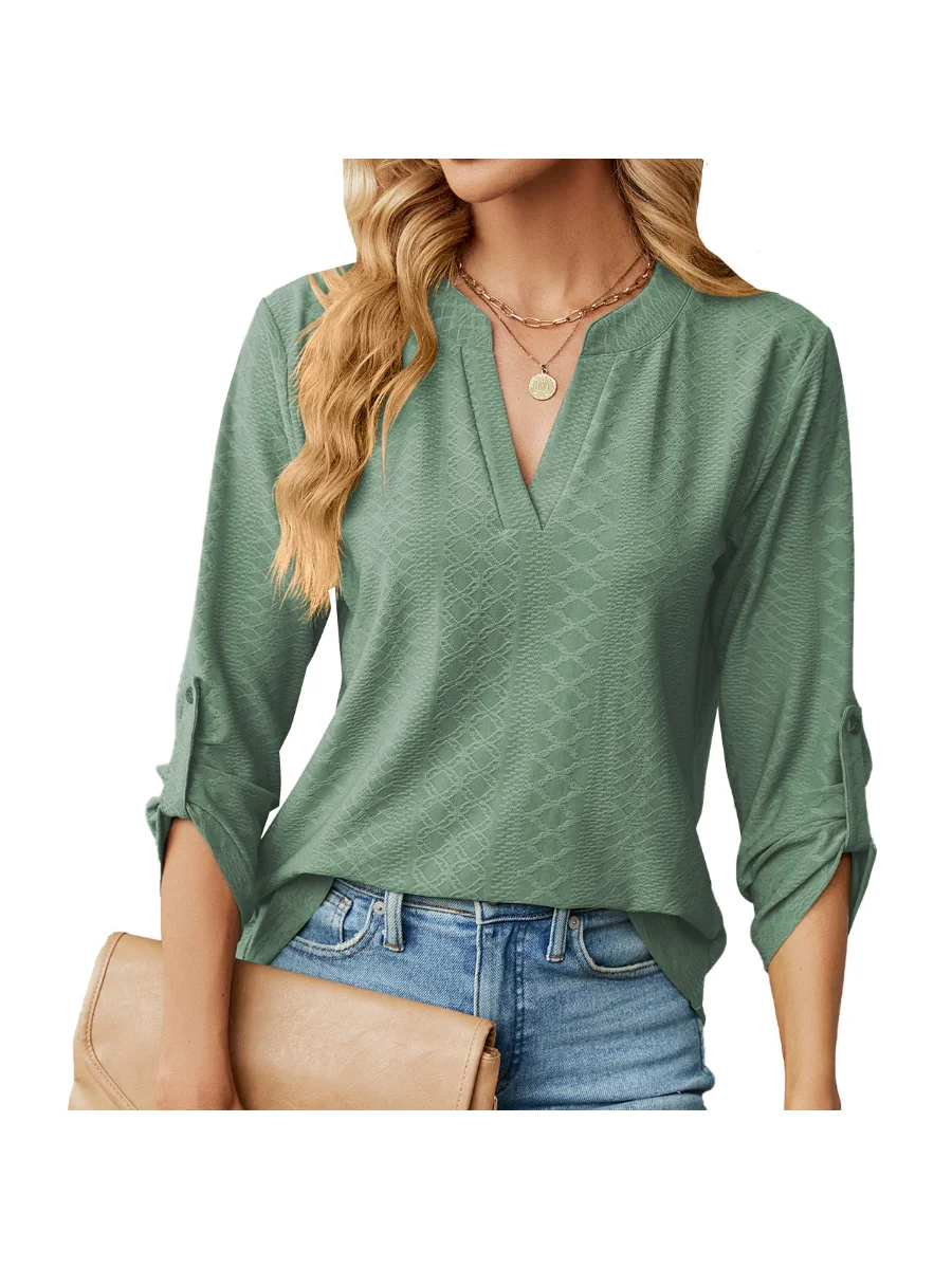 Womens-Long-Sleeve-V-neck-Button-Solid-Loose-T-shirt-Tops-2