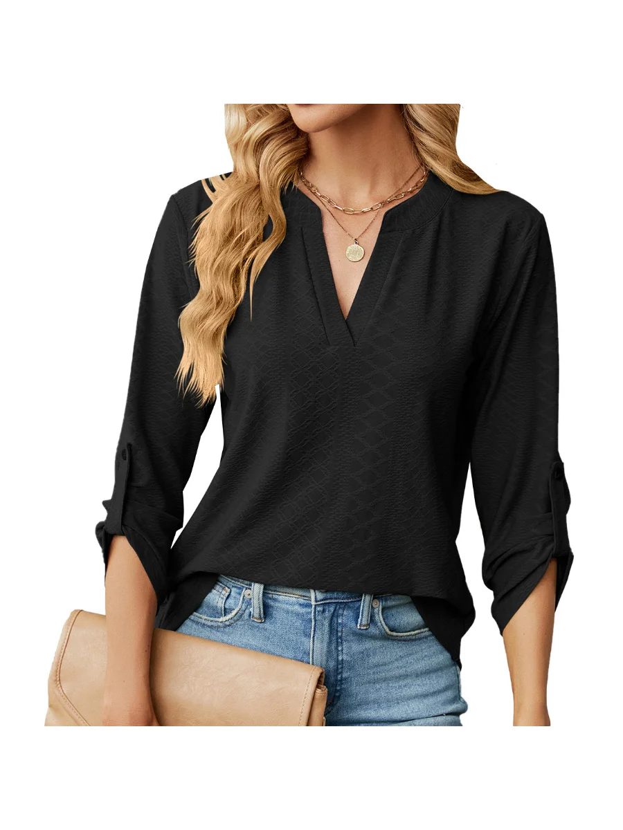 Womens-Long-Sleeve-V-neck-Button-Solid-Loose-T-shirt-Tops-4