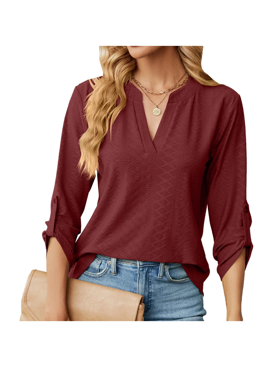 Womens-Long-Sleeve-V-neck-Button-Solid-Loose-T-shirt-Tops-5