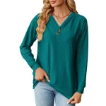 Womens Long Sleeve V-neck Button Solid Loose T-shirt Tops