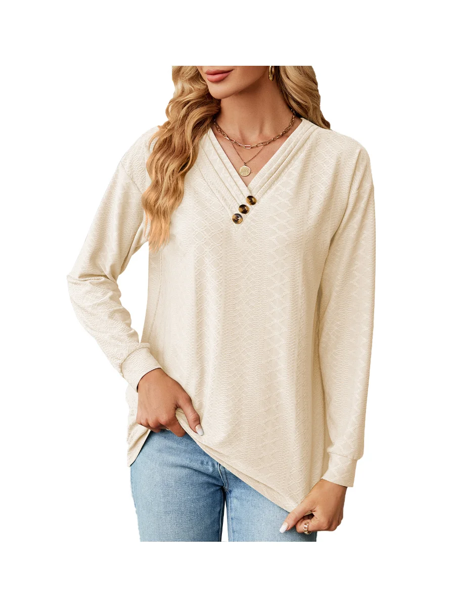 Womens-Long-Sleeve-V-neck-Button-Solid-Loose-T-shirt-Tops-7