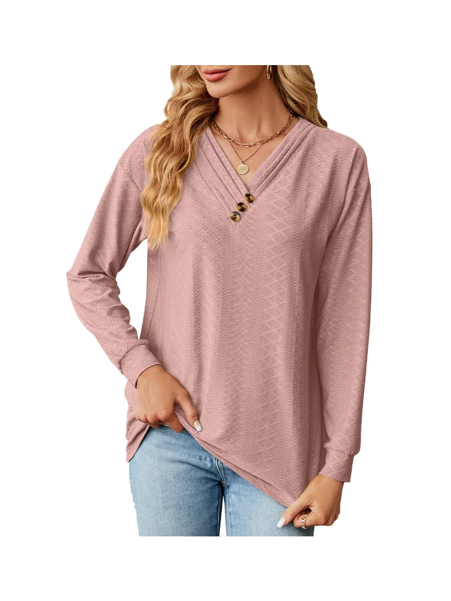 Womens-Long-Sleeve-V-neck-Button-Solid-Loose-T-shirt-Tops-8