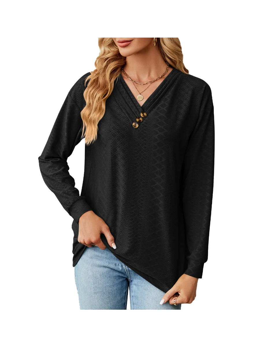 Womens-Long-Sleeve-V-neck-Button-Solid-Loose-T-shirt-Tops-9