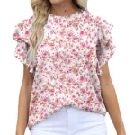 Womens Round Neck Print Ruffled Short Sleeve Chiffon Floral