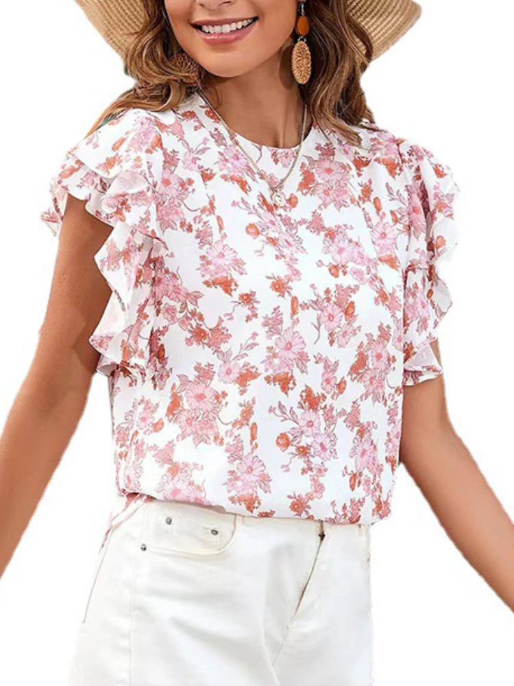Womens-Round-Neck-Print-Ruffled-Short-Sleeve-Chiffon-Floral-Pullover-T-shirt-Tops-2