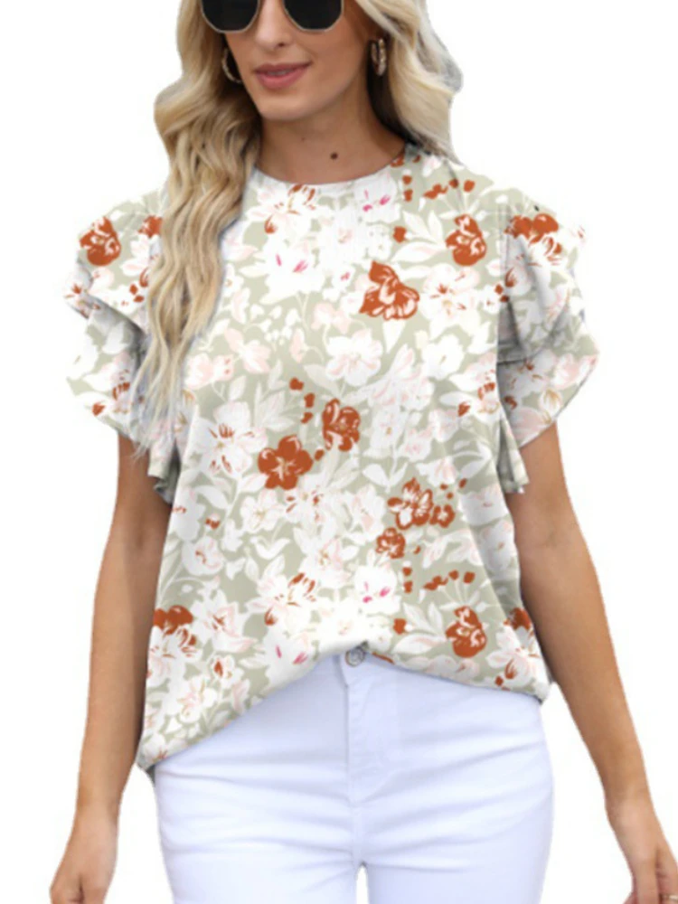 Womens-Round-Neck-Print-Ruffled-Short-Sleeve-Chiffon-Floral-Pullover-T-shirt-Tops-3