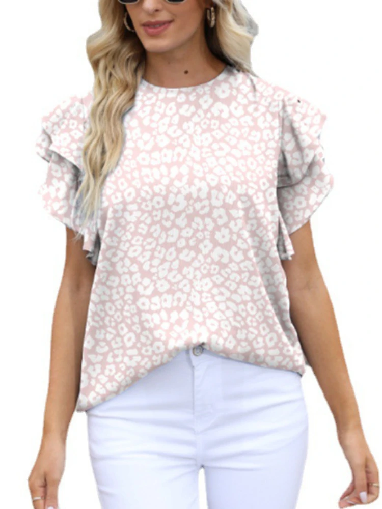 Womens-Round-Neck-Print-Ruffled-Short-Sleeve-Chiffon-Floral-Pullover-T-shirt-Tops-5